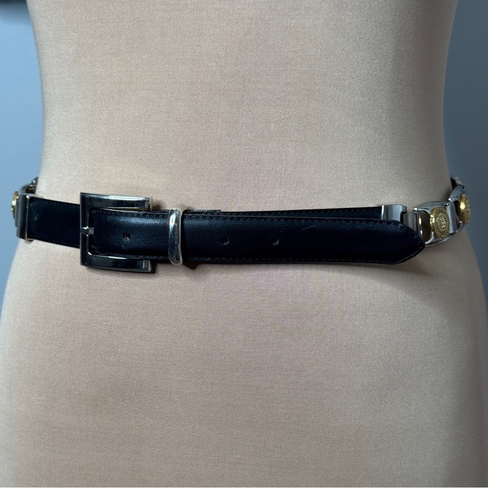 Vintage 90s Lion Lions Face Black Leather Medal Women Buckle Belt Golden Silver - Picture 7 of 12